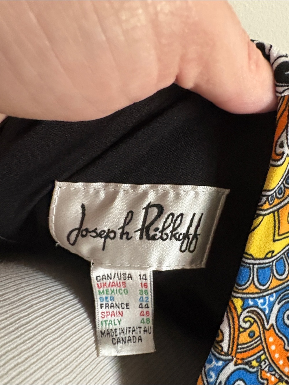 Joseph Ribkoff Black Midi Dress with Blue and Gold Paisley Trim - Picture 5 of 9